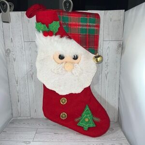 Red Plaid Santa Claus Christmas Stocking with Bell Holiday Decor Festive Vintage